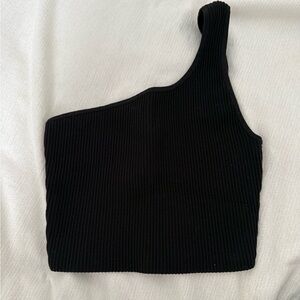 Babaton Black Ribbed One-Shoulder Top